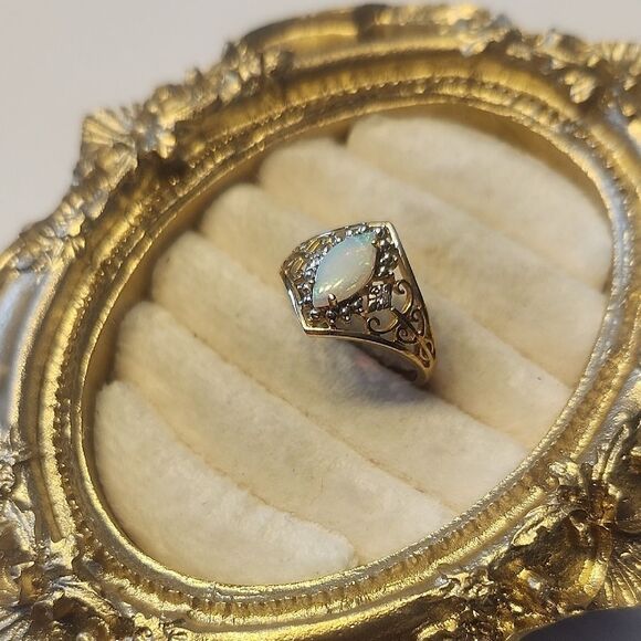 10k Yellow Gold Ladies White Opal Ring For Women Casual Band  10K Yellow Gold 10K White Gold Opal Ornate Ring Size 8 With 2 Small Diamonds